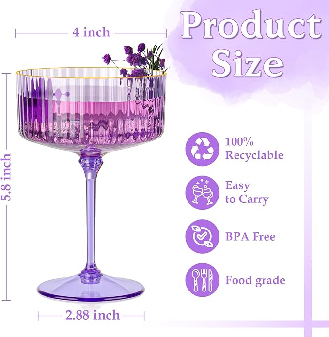 24 PCS Ribbed Coupe Glasses Purple Plastic Champagne Coupe Cup 10oz Detachable Gold Rim Espresso Martini Glass Vintage Margarita Glassware Cocktail Glass Disposable for Halloween Bridal Showers