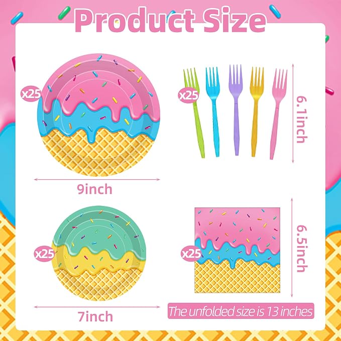 100 Pcs Ice Cream Cone Party Supplies Set, Serves 25 – Disposable Paper Plates - Image 2