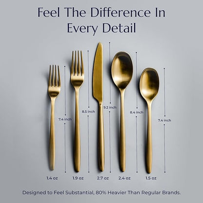 JazzUpCo Ava Flatware Flatware non toxic 18/10 stainless steel dishwasher safe (Matte Gold, 8 Person Set (40 Pieces))