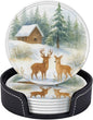 Winter Watercolor Blue Green Tree Cabin Deer Coasters by KiuLoam