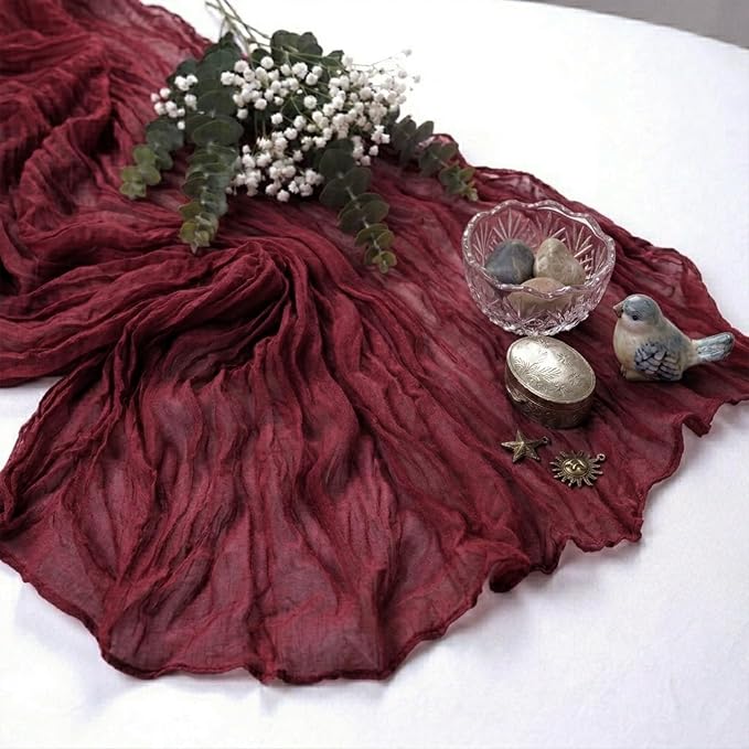 10 Pack Burgundy Cheesecloth Table Runner 17 x 108 Inch | Boho Gauze Fabric - Image 6