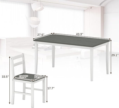 5 Piece Dining Table Set, Solid Wood Dining Table Set for 4, Farmhouse Table and 4 Chairs Set, 43.3'' Rectangular Kitchen Table Set for 4, Grey & White