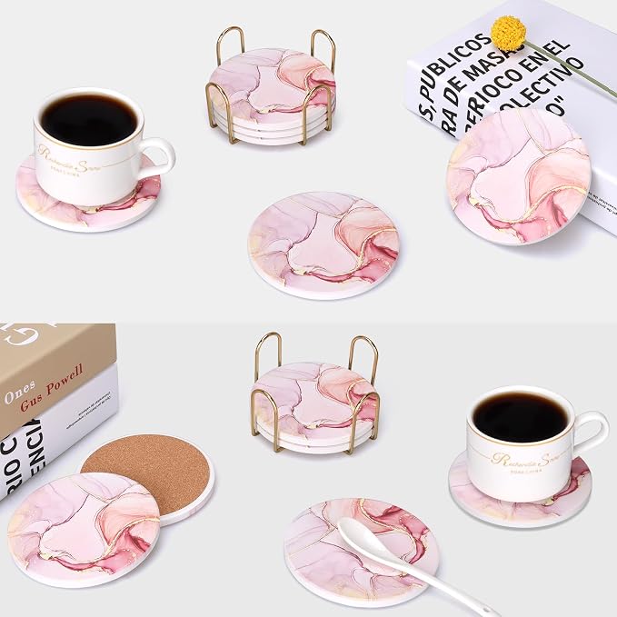 6 Pcs Pink Marble Abstract Ceramic Coasters - Image 7