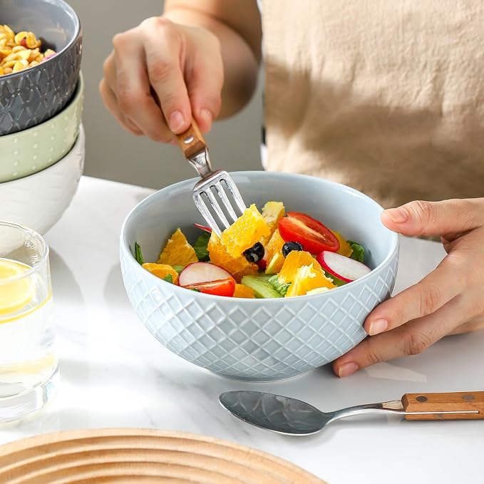 HASENSE Ceramic Cereal Bowls Set of 4, 26 OZ Soup Bowls, Embossed Stoneware - Image 4