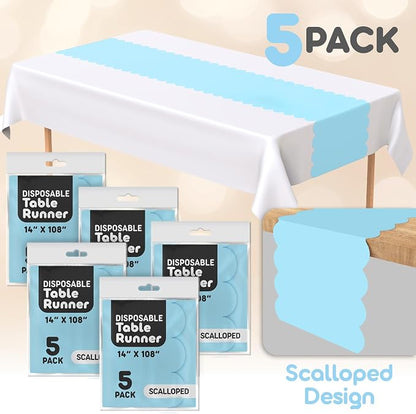 Light Blue Scallop Table Runner, Disposable Plastic, 5 Pack - Image 2