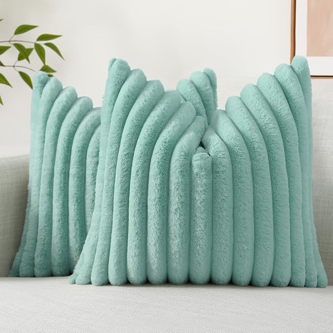 decorUhome Cozy Faux Fur Throw Pillow Covers 24x24 Set of 2 Decorative Soft Plush Striped Modern Farmhouse Boho Couch Euro Sham Pillow Cases with Velvet Back for Sofa Bed Living Room, Aqua