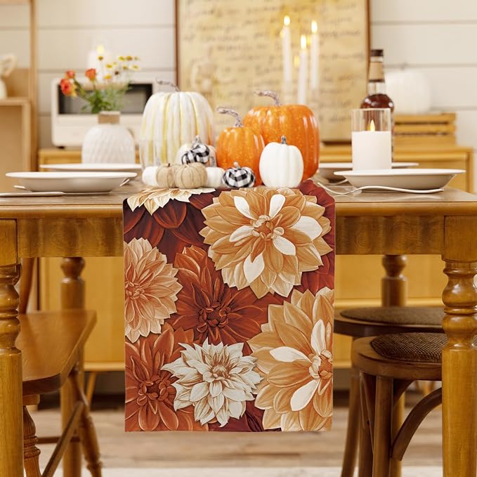 Vintage Orange Dahlia Flower Autumn Table Runner Fall Floral Burlap Table - Image 2