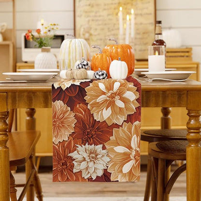 Vintage Orange Dahlia Flower Autumn Table Runner Fall Floral Burlap Table - Image 2