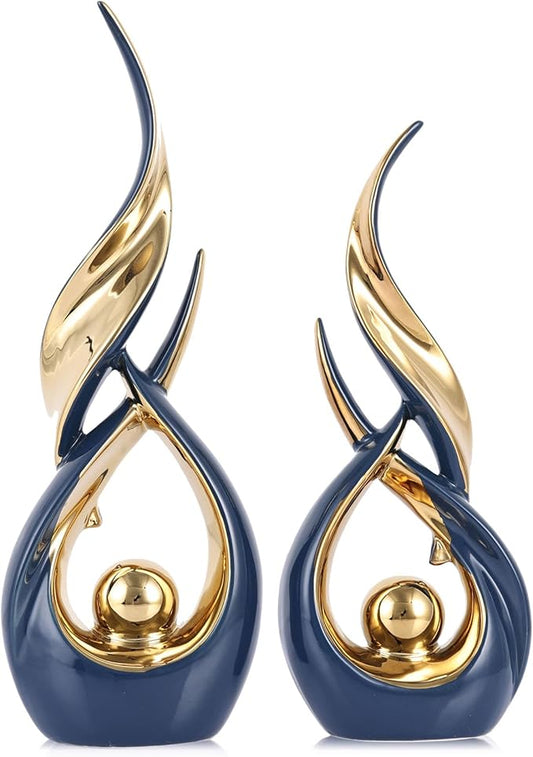 XMGZQ Gold Ceramic Abstract 2 Piece Statue Set,Mid Century Modern Abstract Art Home Decor Statue Mantelpiece on Unique Shelf Decor, TV Cabinet Divider Table top and Dining Table Centerpiece (Blue)
