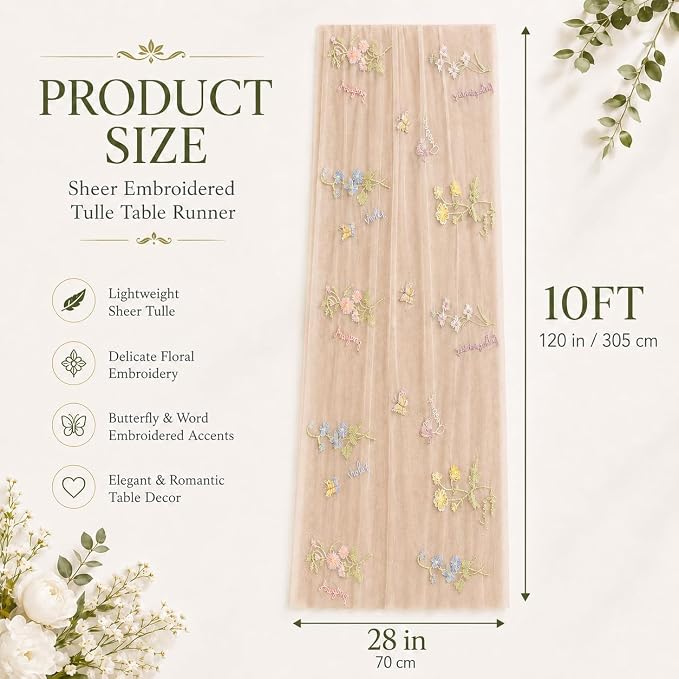 Wildflower Tulle Table Runner Butterfly Floral Wedding Party Home Decor | - Image 3