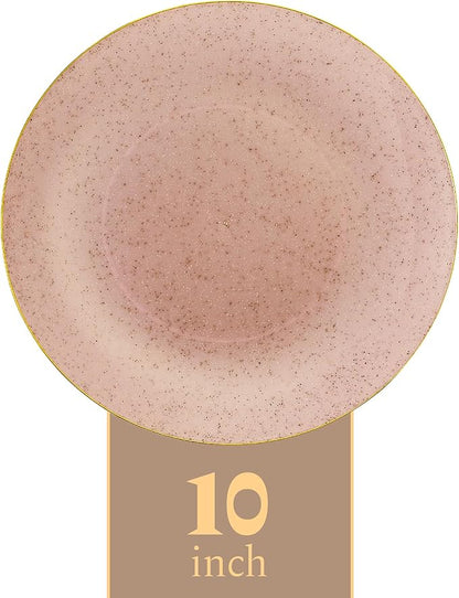 PLASTICPRO 30 Pack Disposable Plastic Plates Heavyweight Granite Look Elegant 10 inch Dinner Plates Pink with Gold Rim