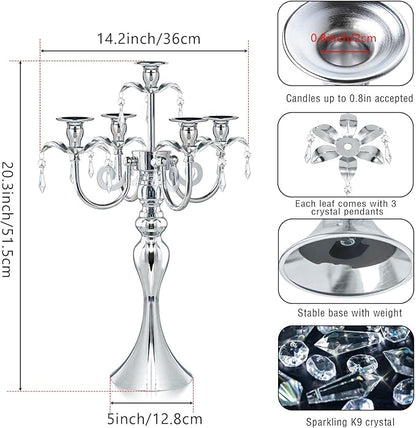 20.3'' Tall 5 Arm Candle Holder Centerpiece for Table, Metal Candelabra Candle Holder, Retro Candlestick Table Centerpieces for Party, Events, Home, Wedding Decor (1Pc, Silver)