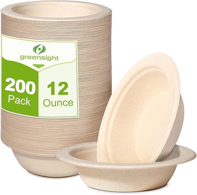 greensight 12oz Compostable Paper Bowls, 200 Pack Disposable Heavy Duty | by greensight