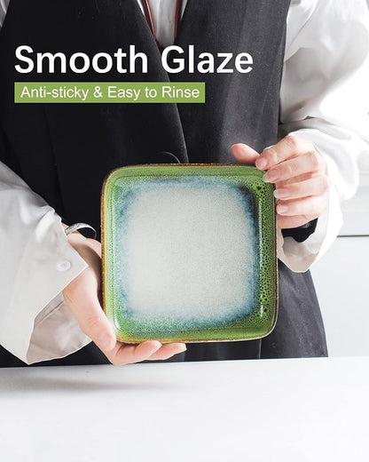 HENXFEN LEAD Small Square Ceramic Plates 6.3 Inch – Dessert, Appetizer & Snack Plates Microwave & Dishwasher Safe – Set of 4, Reactive Glaze Green