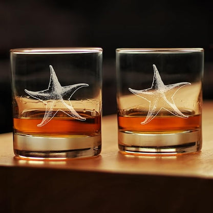 Bevvee Starfish Rocks Glass - Beach Themed Decor and Decorative Ocean Glassware Gifts for Women and Men - Set of 2-10.25 Oz Glasses