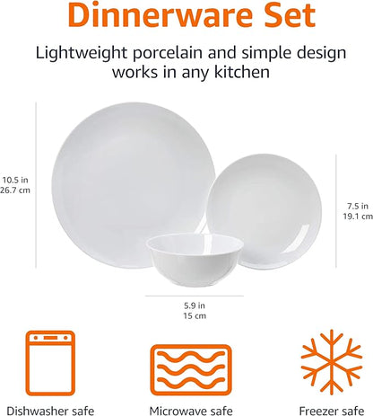 Amazon Basics Dinnerware Set, Microwave and Dishwasher Safe, Service for 6, 18-Piece Complete Kitchen, Plates, Dishes, Bowls, White Porcelain Coupe