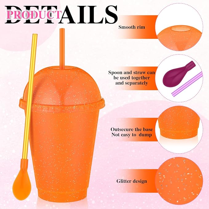 6 Set Slushie Cups with Dome Lids and Straws Detachable Spoon Straws Reusable - Image 2