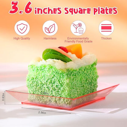 Zhehao 100 Pcs Plastic Dessert Appetizer Plates Disposable, 3.6 x 3.6 Inch Small Square Plastic Dessert Cake Plate for Party, Valentine's Day Wedding Birthday Bridal Baby Shower Supplies (Red Clear)