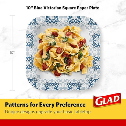 Glad Square Disposable Paper Plates, Blue Victorian Pattern - Strong, Sturdy, Soak Proof, and Microwavable Decorative Plates for Dinner and Everyday Use, 10 Inch, 50 Count - 12 Pack