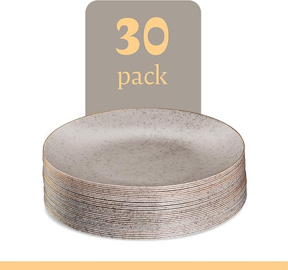 PLASTICPRO 30 Pack Disposable Plastic Plates Heavyweight Granite Look Elegant 9 inch Dinner Plates Grey with Gold Rim