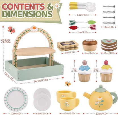 Wooden Tea Sets for Little Girls Play Food Cake Pretend Play Toys | 3-5 Kitchen - Image 3