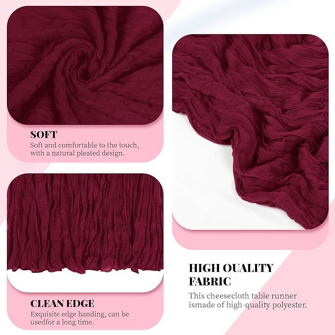 3 Pack Burgundy Cheesecloth Table Runner, 17 x 108 Inch, Gauze Cheese Cloth - Image 4