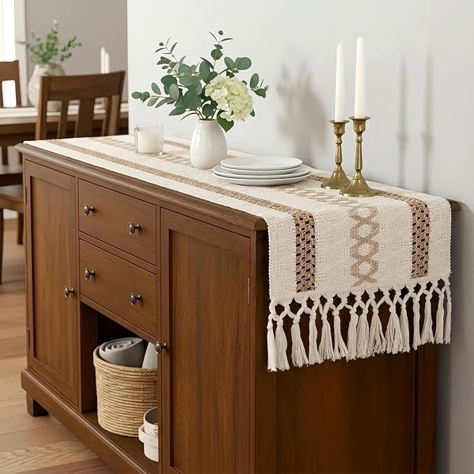 Fall Table Runner for Coffe Table Home Boho Decor 12x90 Inch Beige | 90 Inches - Image 4
