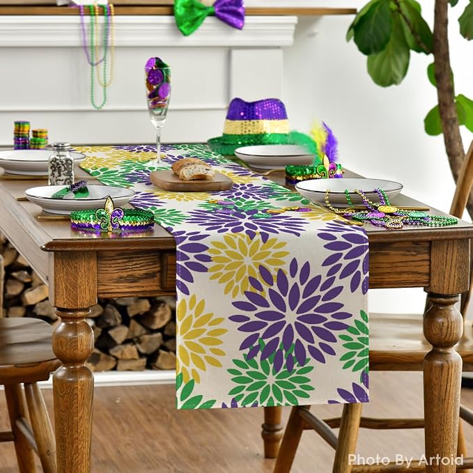 Artoid Mode Purple Dahlia Floral Pinnata Mardi Gras Table Runner, Carnival - Image 2