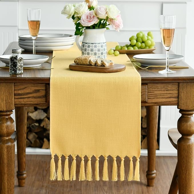 Artoid Mode Yellow Tassel Table Runner, Summer Linen Blend Rustic Farmhouse - Image 3