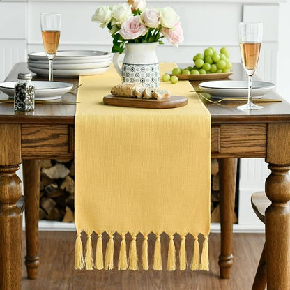 Artoid Mode Yellow Tassel Table Runner, Summer Linen Blend Rustic Farmhouse - Image 3