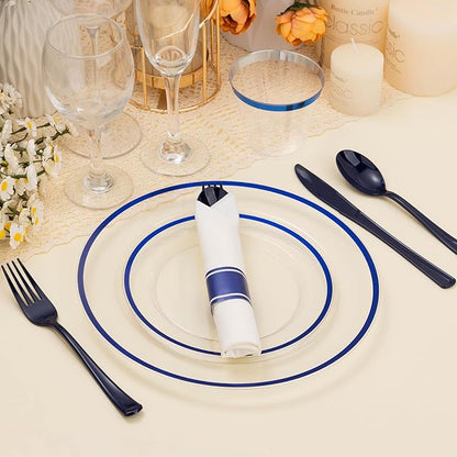 BESTSTAR 350PCS Clear and Blue Disposable Plates Set for 50 Guests, 100 Plastic Plates, 50 Cups, 50 Pre-Rolled Napkins with Plastic Cutlery for Party, Birthday, Thanksgiving, Christmas, Halloween