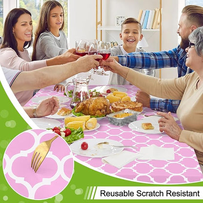 Smiry Round Plastic Table Cloth, Waterproof Vinyl Tablecloth with Flannel Backing for Round Tables, Wipeable Spillproof Tablecloths for Dining, Camping, Indoor and Outdoor (60" Round, Pink)
