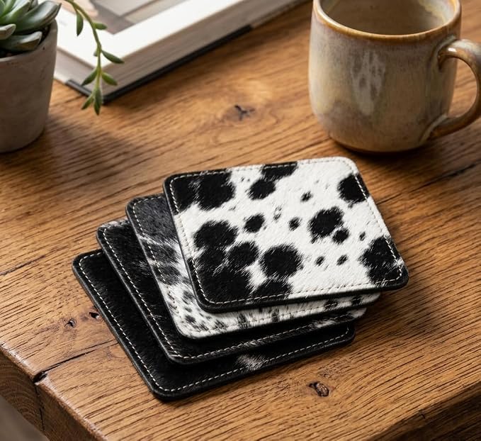 Cowhide Coasters Set of 6 – Genuine Hair-On Cowhide Drink Coasters, Square - Image 3