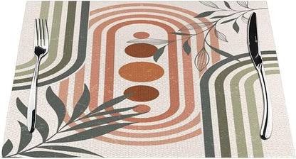 Mid Century Boho Sage Placemats, Abstract Bohemian Mid Century Plant Leaf Rainbow Dots Washable Place Mats 12x18Inch for Dining Kitchen Farmhouse Decor 4 PCS