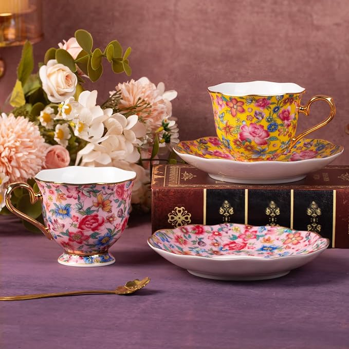 KAMMAK Tea Cup and Saucer, Ceramic Coffee Cups, 6.3 oz, Afternoon Tea and - Image 7
