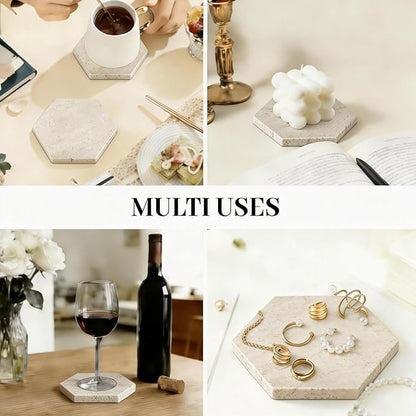 Natural Marble Coasters, Hexagonal Costers, Luxury Aesthetic Modern Decor for Coffee Table Bar Kitchen Home, Travertine Marble, Real Natural Semi Absorbent Stone Coasters