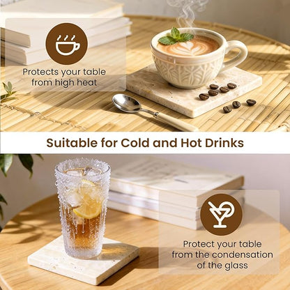 Natural Marble Coasters, Square Costers, Luxury Aesthetic Modern Decor for Coffee Table Bar Kitchen Home, Travertine Marble, Real Natural Semi Absorbent Stone Coasters