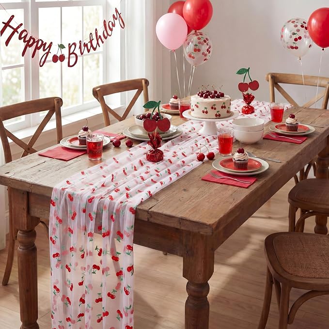 4 Pcs Cherry Table Runners 29 x 70 Inch Glitter Cherry Tulle Lace Table Runner - Image 7