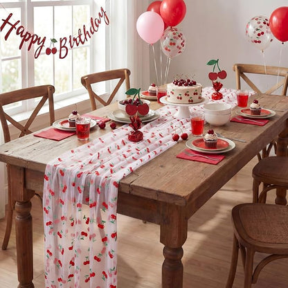 4 Pcs Cherry Table Runners 29 x 70 Inch Glitter Cherry Tulle Lace Table Runner - Image 7