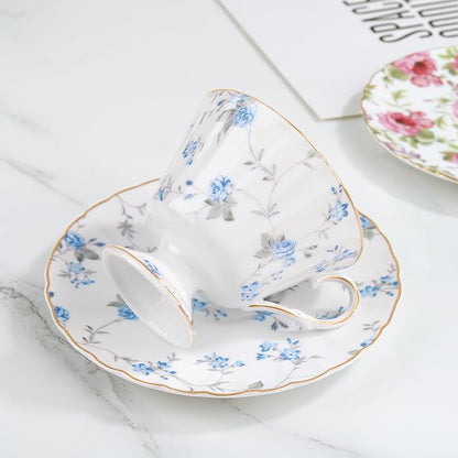 fanquare White Tea Cup and Saucer, Vintage Blue Floral Print Tea Cups - Image 3