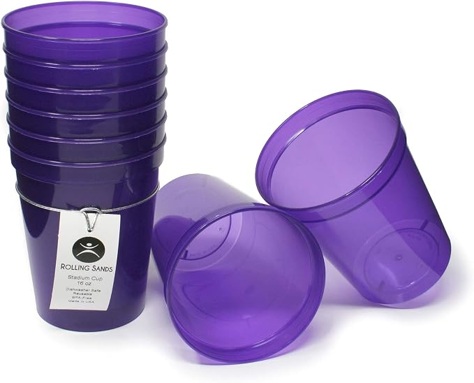 Rolling Sands 16 oz. Reusable Plastic Stadium Cups, 8 Pack, Made in USA by RollingSands