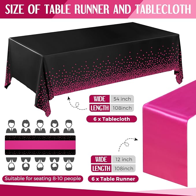12 Pack Black and Hot Pink Disposable Plastic Tablecloths and Satin Table - Image 2