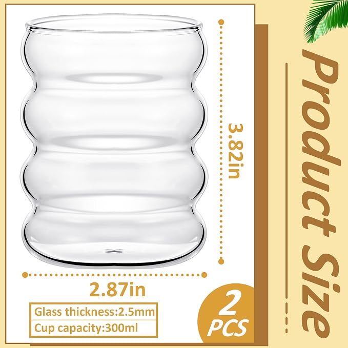 Cunhill 2 Pcs Wave Glass Cup 10 oz Ribbed Bubble Drinking Glassware Creative - Image 2