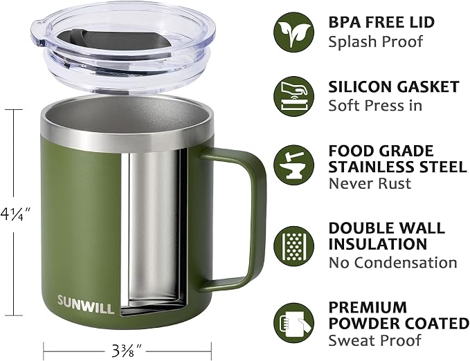 SUNWILL Travel Coffee Mug with Lid, Insulated Tumbler with Handle, 14 oz - Image 2