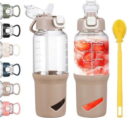 SIEROZUR 32 oz Glass Tumbler with Straw, Glass Water Bottles with 2 Lids-Handle Spout Lid & Straw Lid, 1 Liter Motivational Water Bottles, Silicone Sleeve, Fits Car Cup Holder,Amber