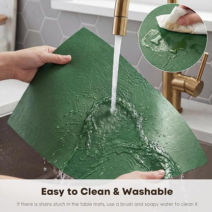 Artoid Mode Green Faux Leather Placemats Set of 4, 12x18 Inch Waterproof Wipeable Heat Resistant Vinyl Place Mats, Reversible Table Mats for St. Patrick's Day Dining Decor