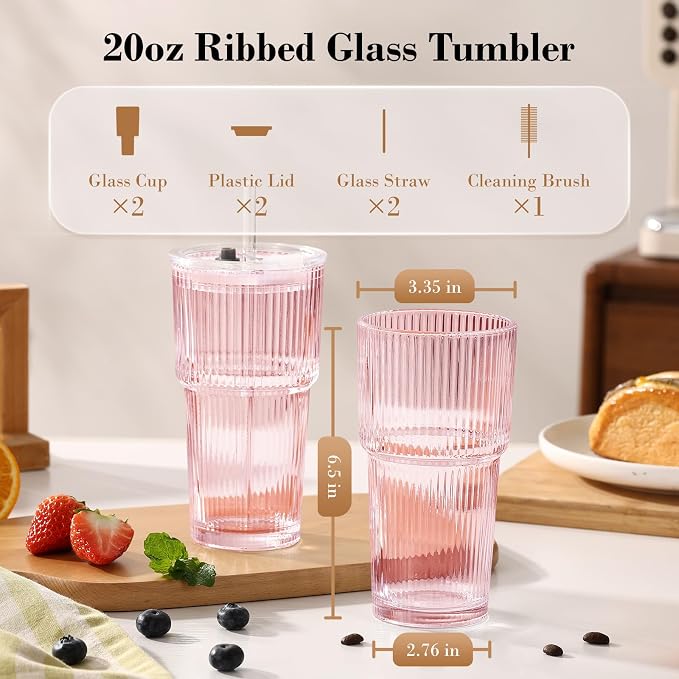 20oz Iced Coffee Cups with Lids, Ribbed Glass Cups with Lids and Straws | Thick - Image 6