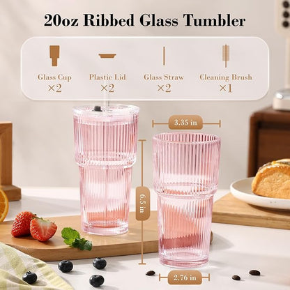 20oz Iced Coffee Cups with Lids, Ribbed Glass Cups with Lids and Straws | Thick - Image 6