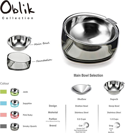 Felli Pet Oblik Acrylic Raised Dog Food Water Bowl Stainless Steel Slanted Oval Dish for Short Leg Puppy & Small Medium Pet, Elevated Tilted Metal Feeder (Smoky, 1.5 Cups Oval Dish)