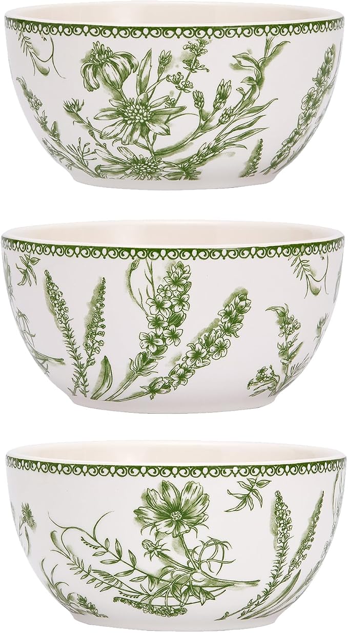 Bico Green Garden Toile De Jouy Cereal Bowls Set of 4, 26 oz Deep Ceramic Soup - Image 3